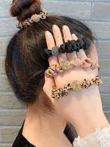 4pcs Water Drill Ball Hair Tie Set, Leopard Print Coffee Color Elastic Hair Bands, Ideal Gift for Holidays and Birthdays