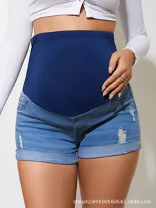 Blue Pregnant Jeans Shorts, Summer Belly Support Pants, Simple Ripped Thin Design, Wearable Outerwear, Pregnancy Clothing