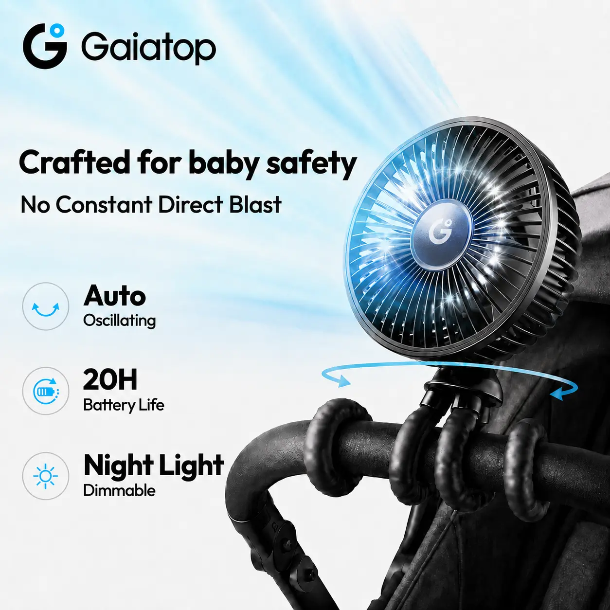 GAIATOP Auto-Oscillating Clip-On Baby Stroller Fan with Mosquito Repellent, 20H Battery Life Rechargeable Wind Fan, Flexible Octopus Design for Cribs, Car Seat, Travel Accessory, Nightlight, Family Gift