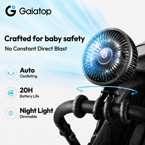GAIATOP Clip-On Portable Cooling Fan - Rechargeable Wind Fan with 4000mAh 20H Battery, USB Type-C Port, Auto-Oscillating, Flexible Octopus Design, Mosquito Repellent, Nightlight, Infant Stroller-Crib Accessory