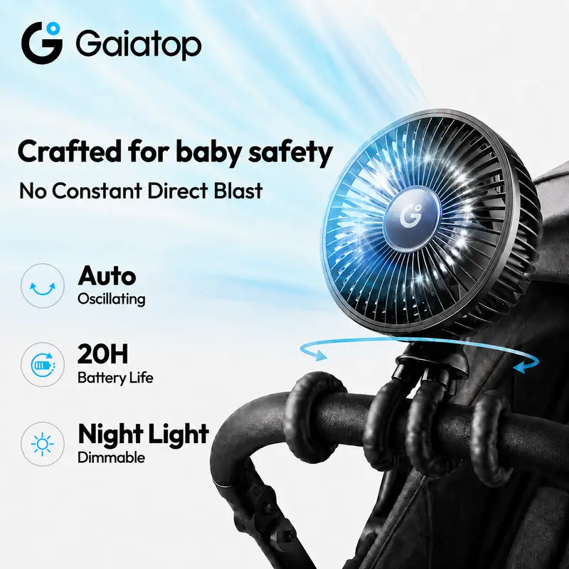 GAIATOP Clip-On Portable Cooling Fan - Rechargeable Wind Fan with 4000mAh 20H Battery, USB Type-C Port, Auto-Oscillating, Flexible Octopus Design, Mosquito Repellent, Nightlight, Infant Stroller-Crib Accessory