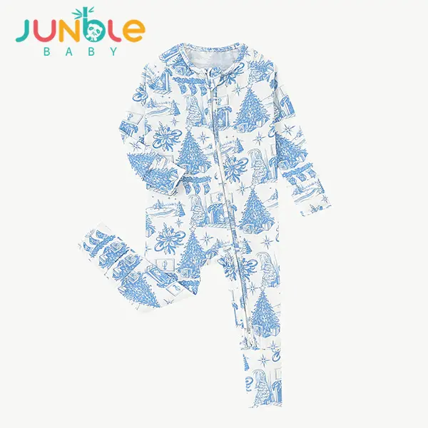 Junblebaby Bamboo Blend Long Sleeve Unisex Infant Zip Front Romper - Convertible Footies, 2-Way Zipper, Christmas Toile Sleepsuit, Vintage Tree Design, Machine Washable 1-Piece Crawling Suit (6-9M, 12-18M)