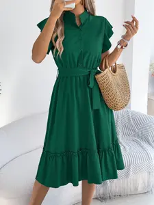Women's Solid Color Belted Ruffle Trim Dress, Casual Short Sleeve Collared Dress for Summer, Ladies Clothes for Daily Wear, Shortsleeve Womenswear, Casual Fashion Dress