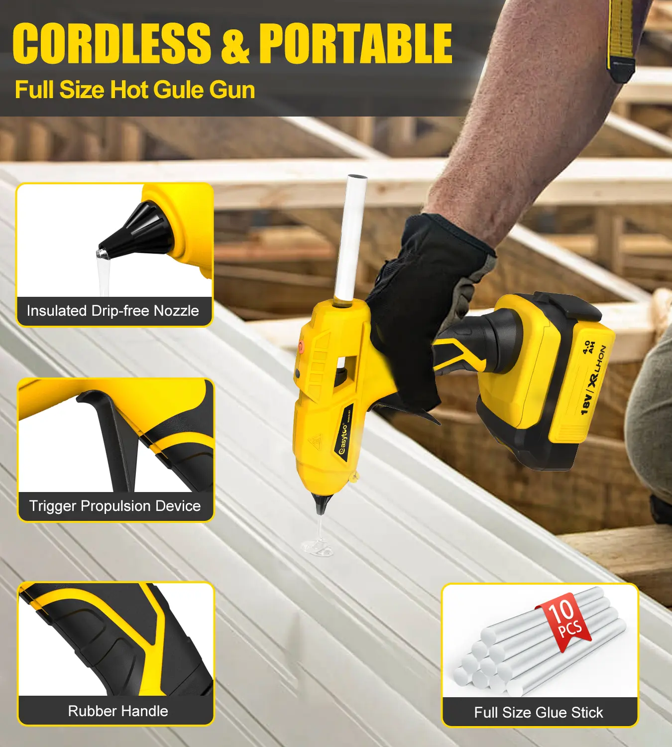 【DIY Must-Have Tool】Cordless Full Size Hot Glue Gun, Fast Preheating Anti-Drip Portable Hot Glue Gun, 20 Hot Glue Sticks Included, Suitable for Auto Repair, Household Maintenance, Handcraft Making & DIY Projects (Gun Only, Battery Not Included)