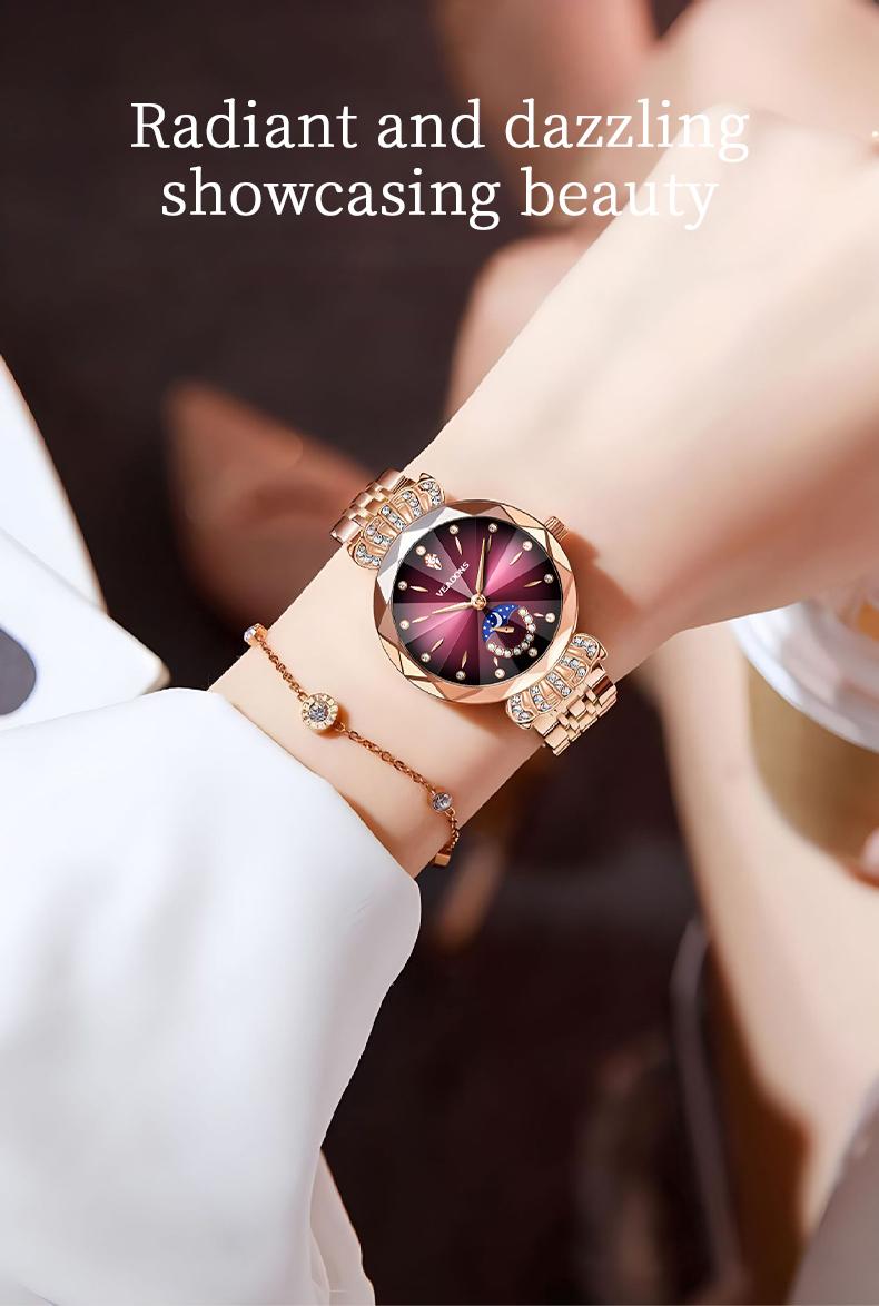Ludmila Luxury Women's Jewelry Watch Diamond Cut Crystal Stainless Steel Waterproof Moon Star Sun Design Elegant Wristwatch Anniversary Gift for Her