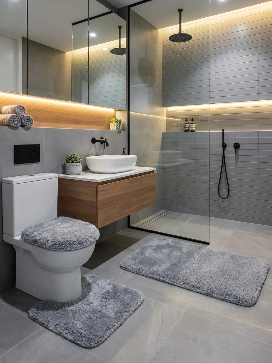 3 Piece Grey Bathroom Rug Set | Soft Bath Mat, Toilet Contour Rug & Lid Cover | Non-Slip Bathroom Mat Set | Washable Bathroom Rugs
