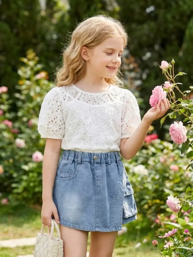 Girls' Asymmetric Patchwork Denim Shorts, Cool Streetwear Vibe Kid's Utility Cargo Skirt Shorts 5-16Y, Comfy & Stylish summer must-have