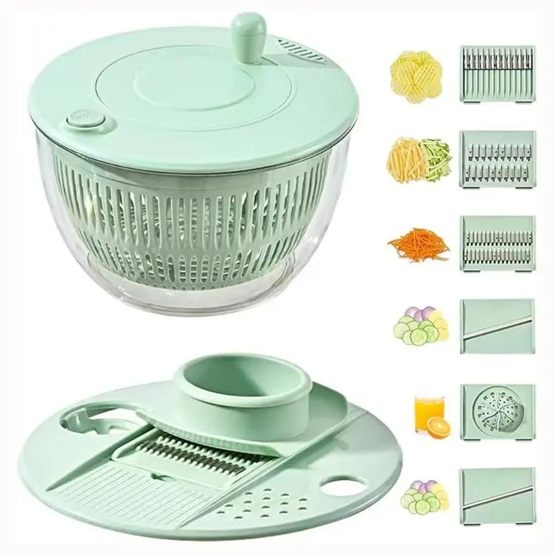 5.3 Qt Plastic 3-in-1 Auto-Spinning Salad Spinner Kitchen Utensils Set - Durable Tool with Washing Bowl, Strainer, 5-Blade Slicer, Egg Yolk Strainer for Efficient Fruit & Vegetable Prep, Daily Use