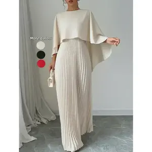 Women’s plain pleated maxi dress with cloak sleeves, elegant round neck design for parties, holidays, and wedding guests; ladies’ spring and fall clothing; Valentine’s Day gift for girls