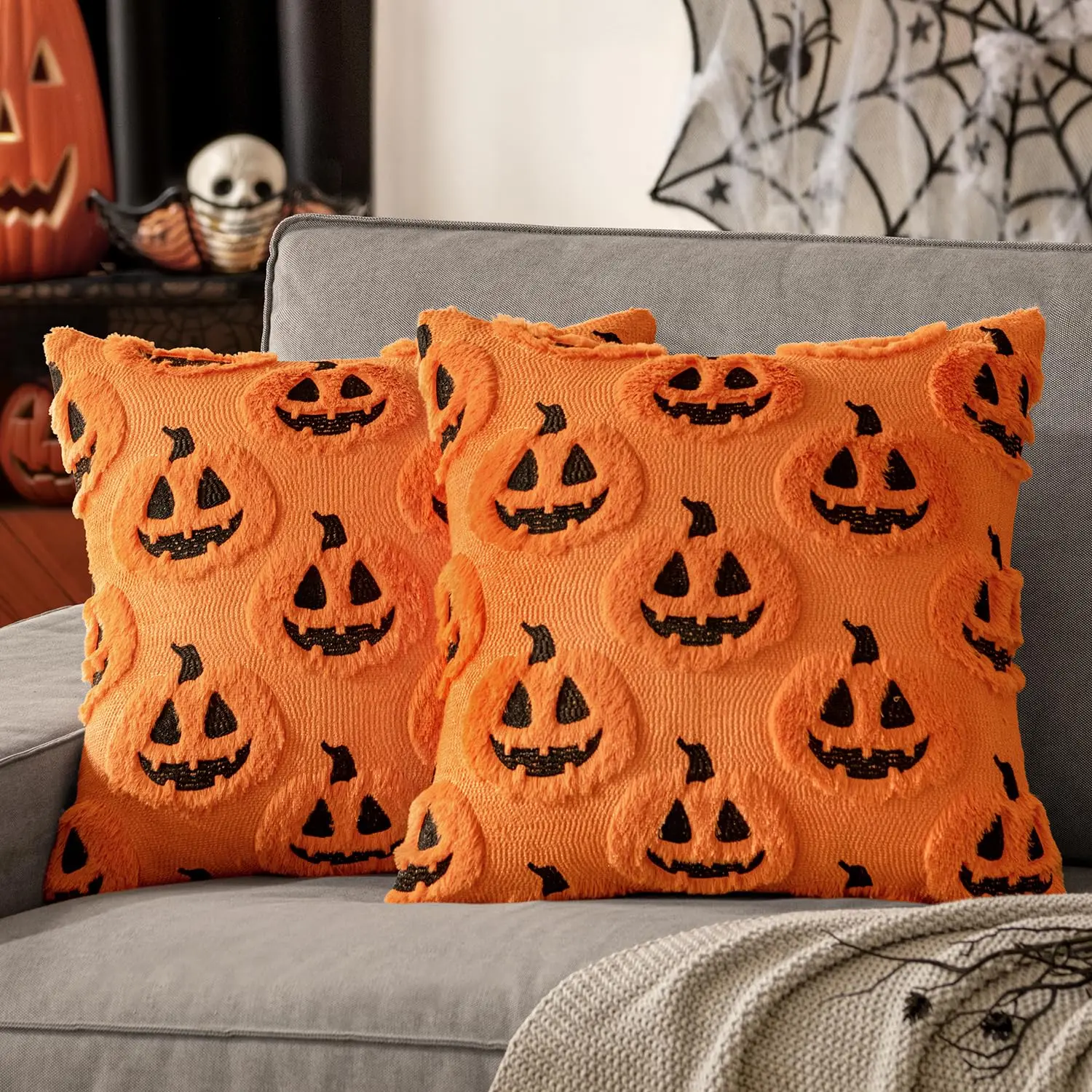 Halloween Throw Pillow Covers (18x18 in), Fleece Embroidered Soft Faux Wool Pillowcases, Modern Farmhouse Style Halloween Aesthetic Aesthetic Home Decor for Patio Sofa Couch