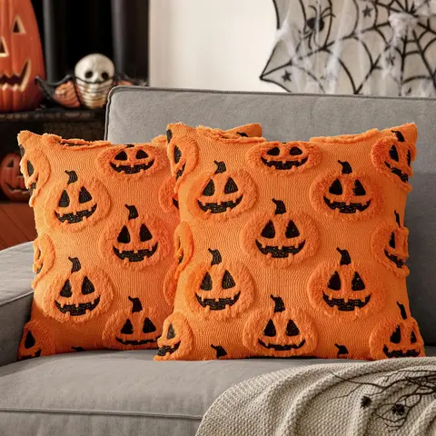 Halloween Throw Pillow Covers (2 Pcs, 18x18 in) - Polyester Fleece Embroidered Soft Faux Wool Pillowcases with Invisible Zipper, Modern Farmhouse Unique Decor, Indoor Decorations for Sofa Couch, Decorating DIY Specialty Supply, Pumpkin Element, Gift