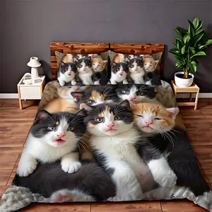 Cute Cat Pattern Bedding Set, Including 1 Duvet Cover & Pillowcase without Filler, Soft Comfortable Bedding Set for Home Bedroom