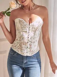 French Floral Corset Bodysuit, Waist Cinching Court Style, Lace Up Button Front, Embroidered Fashion Innerwear Outerwear