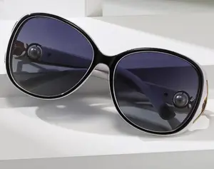 Simplistic Elegance Women's Sunglasses Fox Head Design Beach Protective | Black & White Frames With Black Lenses and Gold Emblem on the Side| Sunglasses for Outing, Beaching, Parties - Black & White