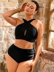 Women's Plus Size Tankini Two-Piece Set, Cross-Back Hollow Top, Slimming Ruched Bottoms, Perfect for Beach Swimming and Vacation, Tankini Bathing Suits