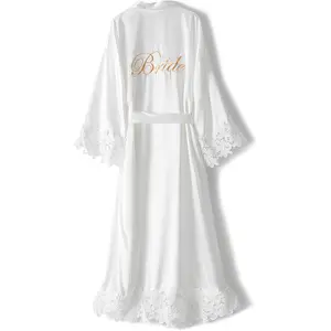 Womens Long Bride Bridesmaid Robe Lace Trim Sleepwear Getting Ready of Wedding Silky Kimono Robe
