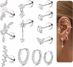 16 Gauge Cartilage Earrings for Women Flat Back-Hypoallergenic Surgical Stainless Steel Stud Hoop Cartilage Earring Set Daith Conch Tragus Helix Piercing Jewelry Single PC
