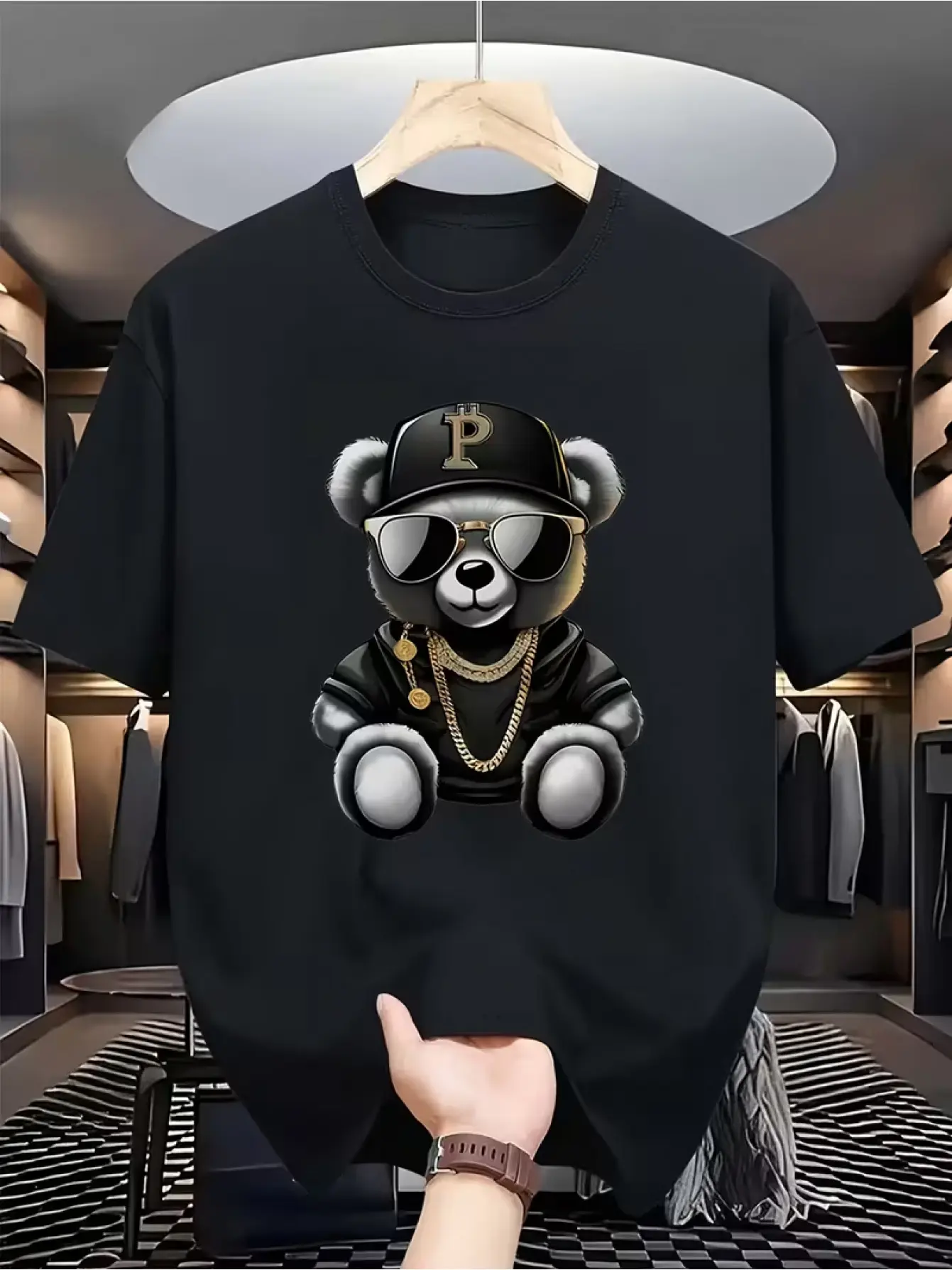 Men's Teddy Bear & Bear Print T-Shirt - Short Sleeve Round Neck Casual Shirt with Random Bear Patterns, Suitable for All-Season Wear, Comfortable Streetwear Style (Black) - Easy Care Machine Washable Teddy Bear Tee for Men &