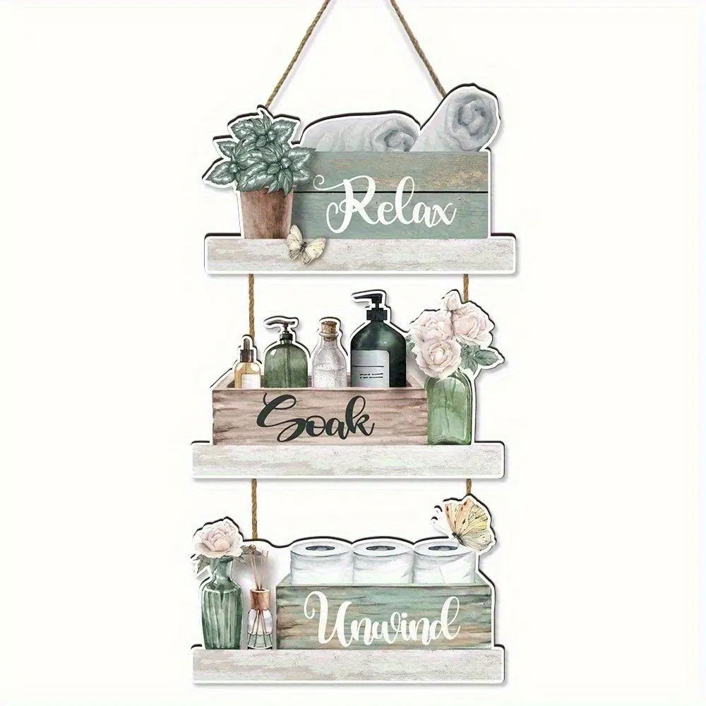 Wooden Wall Hanging Decor Set, 3-Piece Bathroom Shower Room Decoration, Easy Breathing Bath Accessory, Stylish Home Accessories, Decorative Wall Art