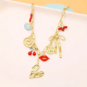 Vintage Charm Necklace for Women, Gold Tone Paperclip Chain Necklace with Multiple Charms, Enamel Pendant Necklace for Party, Daily Wear