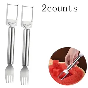Two-in-one stainless steel fruit cutter, watermelon fork slicer tool, watermelon slicer and fork, kitchen fruit block round handle double-headed knife (2 counts)