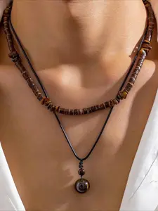 Men's Layered Wooden Bead & Tiger Eye Necklace Boho Beach Style Jewelry for Daily Wear Unisex Natural Stone Choker MensNecklace BohoStyle Beaded Necklace