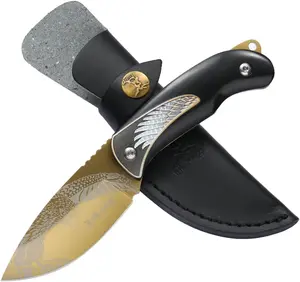 Elk Ridge Fixed Blade Hunting Knife, Eagle 3.3 Inch Drop Point Blade, Wood Handle, Leather Sheath, Surivival, Camping (Tan)