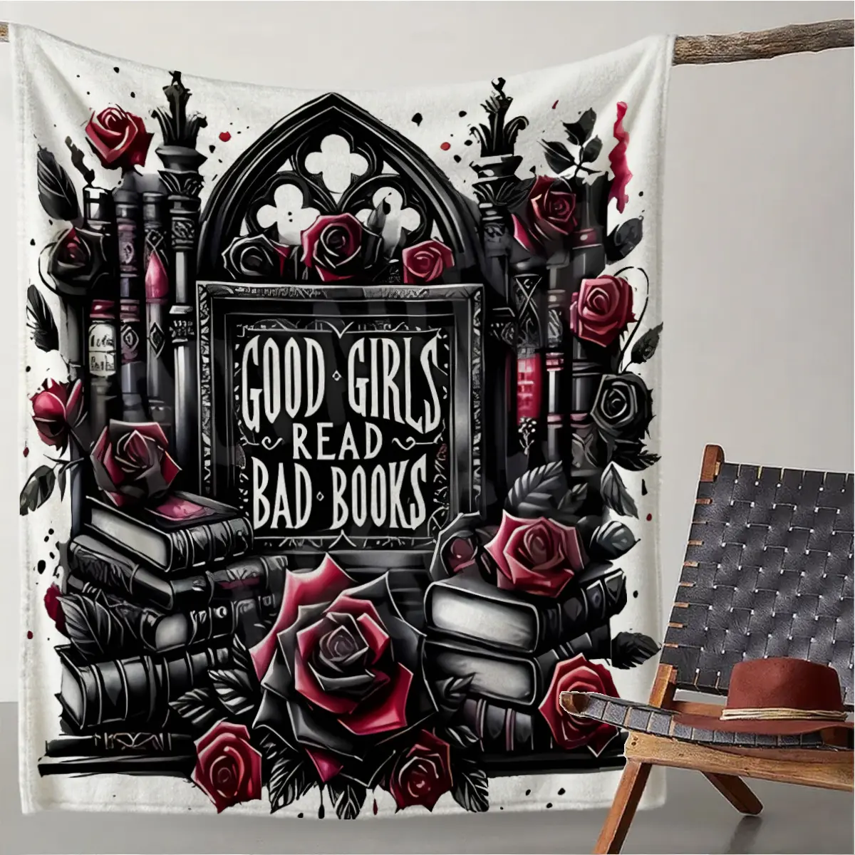 Gothic Book Lover Flannel Blanket, Soft Cozy Reading Throw for Bed, Sofa and Travel, Unique Gift for Book Lovers and Readers
