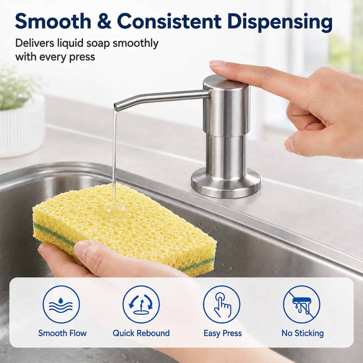 Dish Soap Dispenser for Kitchen Sink (Brushed Nickel), Countertop Sink Soap Dispenser Water Pump with 47” No-Spill Extension Tube Kit Design for Kitchen Bathroom, No More Refills, Kitchen Sink Accessories