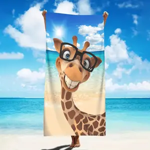 1-Pack Giraffe with Glasses Beach Towel - Large Quick-Dry Microfiber, Lightweight & Durable for Beach, Pool, Yoga, Surfing - Fun Cartoon Design with Sandy Beach & Sunlit Sky, Poolside Accessory, Playful Design, Quickdrying Fabric