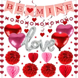 Valentines Day Decorations Set - 25 PCS Valentine Decorations Kit With BE Mine Love Heart XO Garlands Banner Hanging Swirls Valentines Decor for Home Office Wedding Anniversary Birthday Party Supplies