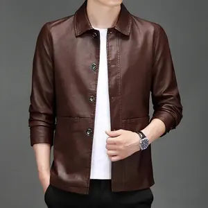 New Business Collar Blazers Long Sleeve coats Men's Casual  PU Leather Jacket Male Solid Color Fashion Streetwear Motorcycle