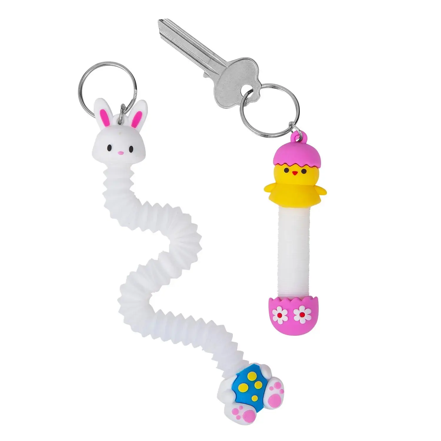 4"-10" Expanding Tube Fidget Toy Keychains, Easter Bunny & Chick Design, 12-Pc Set - Classroom Prize, Kids Fidget, Party Favor, Basket Filler Keychains for Stress Relief, Classroom Prize Keychain