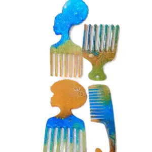 Afro Combs Set - Set of 4 Unique Designs with Blue, Green, Orange & Brown Colors
