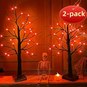 2-Pack Halloween Party Decoration 24LED Orange Light Small Black Tree Plastic Birch Wood for Kitchen Living Room Balcony Wedding Centerpiece