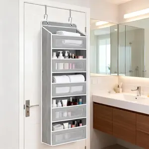 Grey Fabric Over Door Hanging Storage Organizer,Space Saving Over the Door Organizer with Reinforced Hooks,Breathable Fabric Hanging Door Organizer,Multi-purpose Over Door Storage Organizer with Sturdy Hanging Hooks