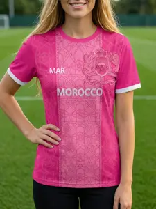 Women's Loose Fit Morocco Soccer Jersey, Geometric Pattern, Breathable Athletic Streetwear, World Cup Tee with National Emblem