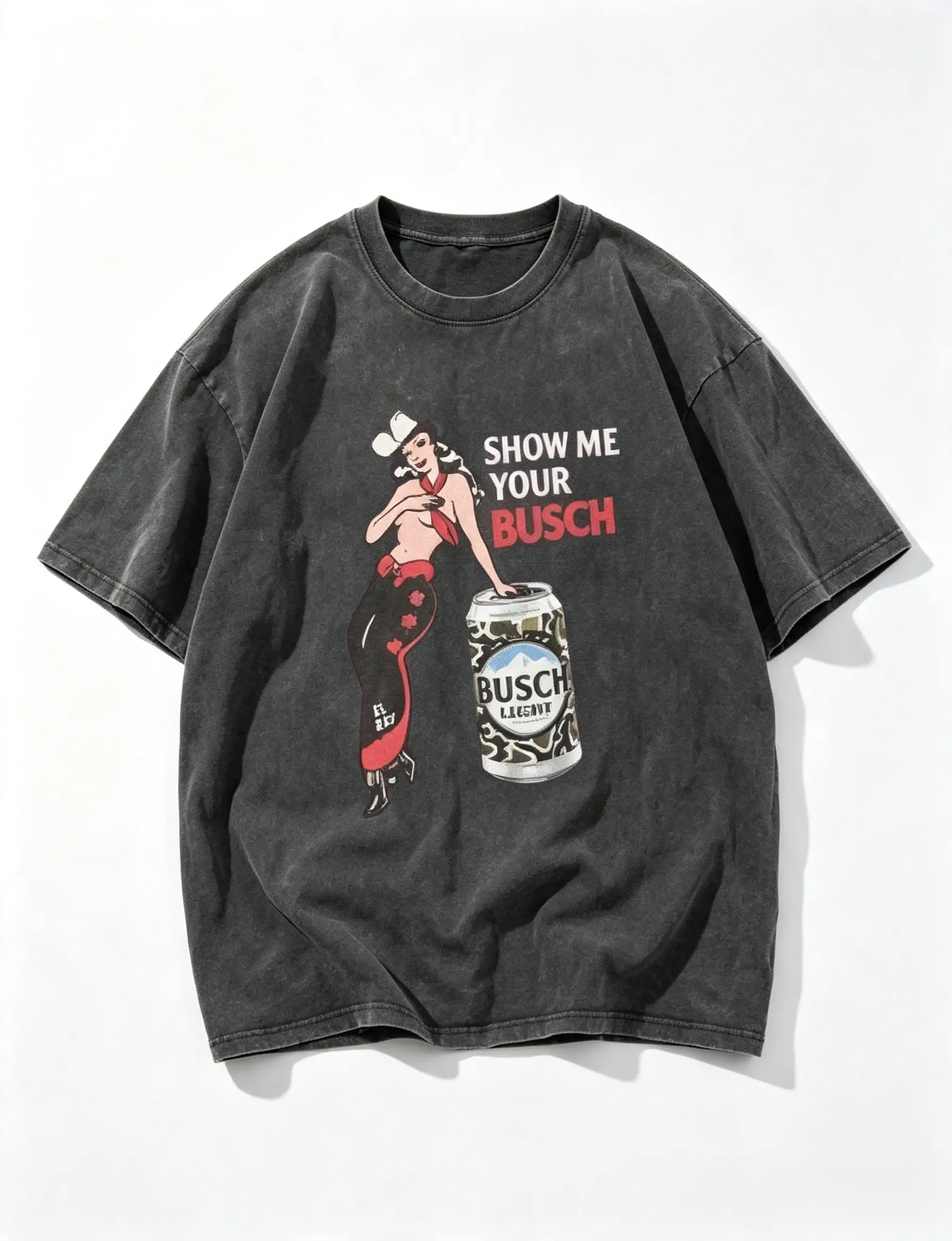 Acid Washed Retro Short Sleeve Tee Show Me Your Busch Cowgirl Pinup Print Oversized T Shirt Western Country Casual Streetwear Top