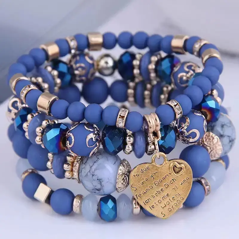 Women's 4Pcs/Set Bohemian Multi-layered Bead Elastic Bracelets with Heart-shaped Beads, Fashionable Hand Accessories for Women, Bracelets For Women