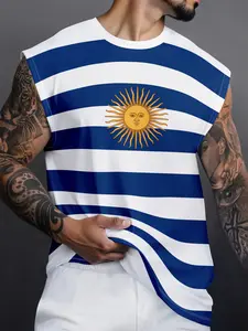 Men's Uruguay Flag May Sun Print Sleeveless T-Shirt, Patriotic Streetwear Tank Top, Breathable Fitness Muscle Vest, All Seasons Casual Wear