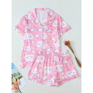 Women's Cute Cloud & Marshmallow Print Satin Pajama Set, Short Sleeve Button-Down Lapel Top & Elastic Waist Shorts, Contrast White Piping, Soft Breathable Loungewear, Pink Sweet Dream Sleepwear for Summer