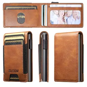 SUTENI With Card Holder Card Slot Faux Leather Wallet Flip Card Box Pressing The Button Automatically Ejects Oil wax pattern The Card Wallet For Unisex Relatives Friends and Elders Holiday Gift