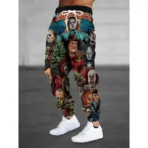 Loose Fit 100% Polyester Graphic Print Joggers - Men's Casual Horror Movie Trousers with Pockets, Slight Stretch, Regular Length