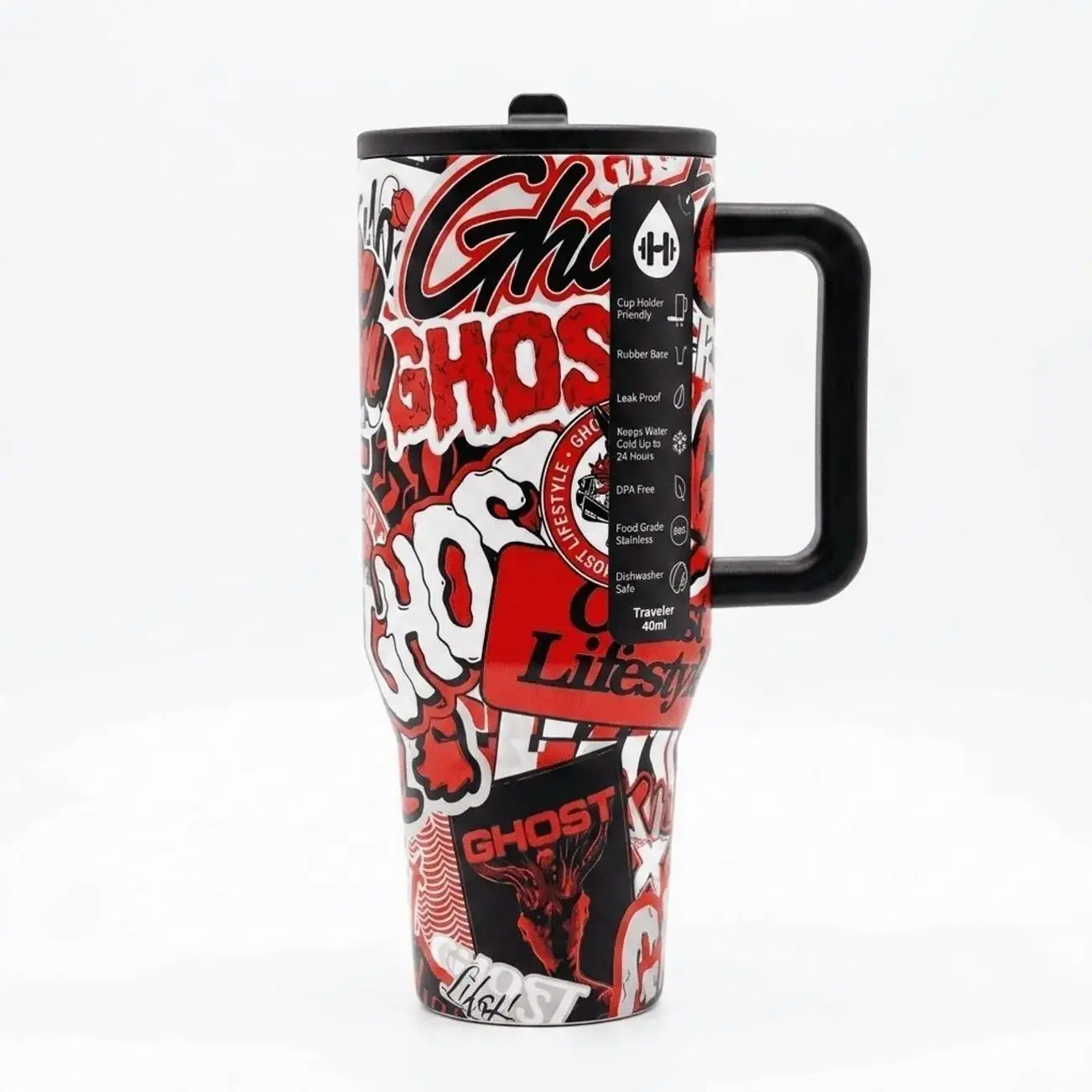 HydroJug GHOST INFRARED RED & BLACK  40Oz Traveler | Leak-Proof Insulated Tumbler with Flip Straw & Cup Holder Fit Flasks Lid Drinkware Leakproof Tumbler