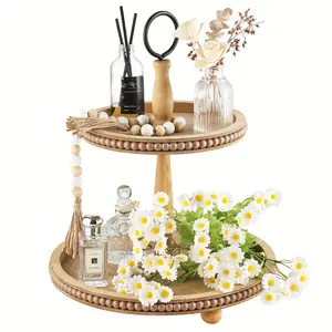 ELPHECO Wooden 2 Tiered Tray, Wooden Serving Decorative Trays with Metal Handle for Farmhouse Party Table Decor Housewarming Gifts with Bead Garland