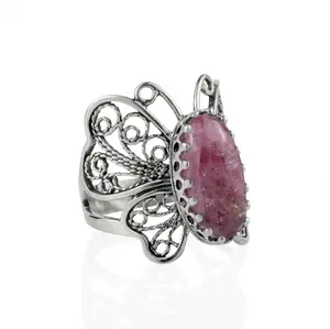 Filigree Art Rhodonite Gemstone Butterfly Design Women Silver Cocktail Ring