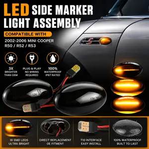 2pcs Dynamic LED Warning Turn Signal Light LED Side Marker Lights for MINI Cooper R50 R52 R53 2002-2006 Hatchback Coupe Convertible | Smoked Sequential Side Indicators | 18-SMD Ultra Bright Turn Signal Lamps | Plug & Play Replacement