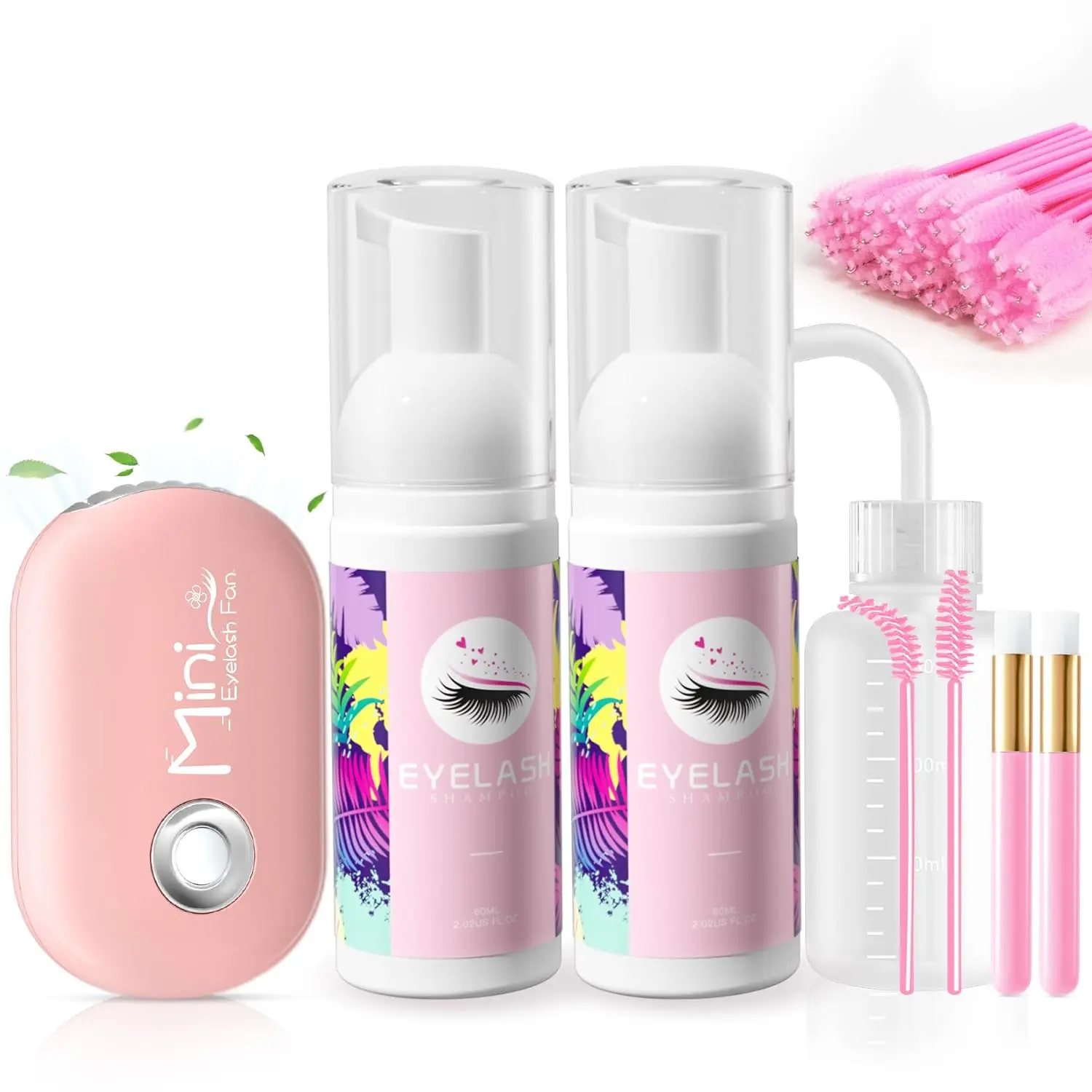Lash Cleaning Kit with Fan Dryer, 2PCS Lash Shampoo for Extensions Includes Rinse Bottle and Cleaning Brushes for Salon & Home DIY Use