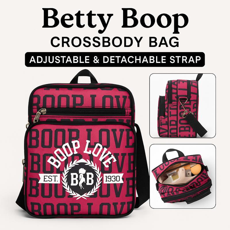 Betty Boop Crossbody Bag - Hot Pink Typography Design - Lightweight Polyester - Adjustable Strap - Large Capacity with Multi Pockets - Perfect for Travel & Everyday Use