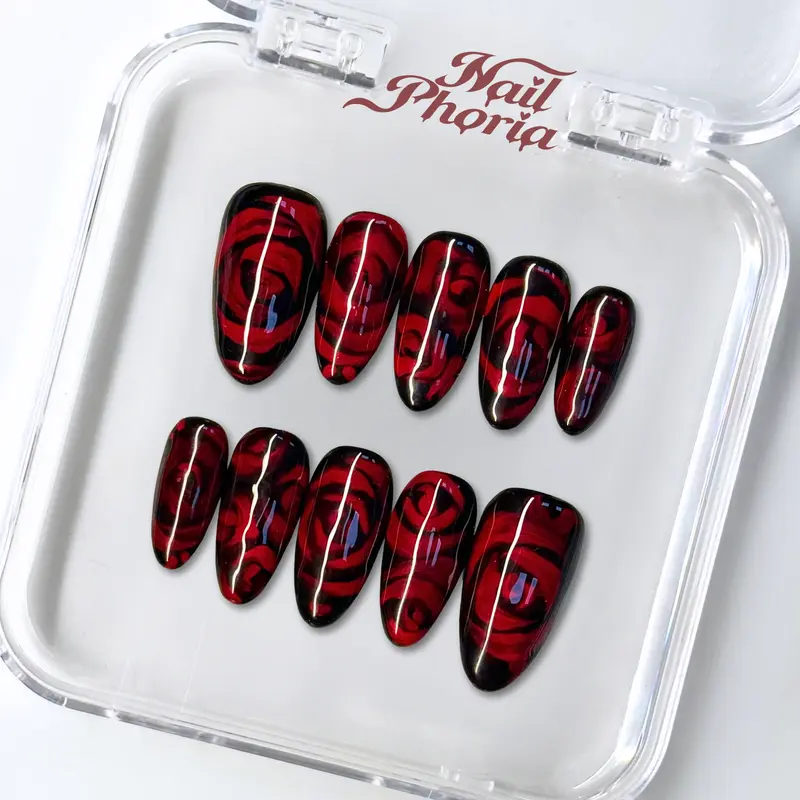 NailPhoria ROSE DROWN - Valentine Handmade Press-On Nails | Reusable, Salon-Quality, Long-Lasting, Glossy Design